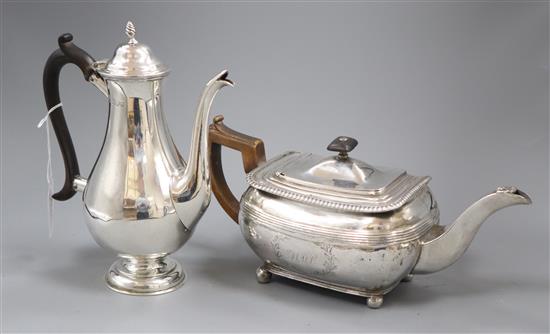 A late Victorian silver coffee pot, London, 1894 and a George III silver teapot, London, 1809, gross 35.5 oz.